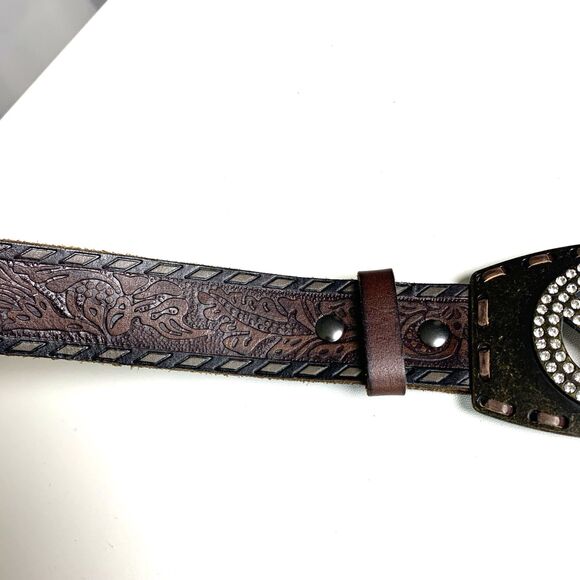 Ariat Peace Buckle Rhinestone Brown Leather Tooled Belt Western Mens 38 - Picture 3 of 8